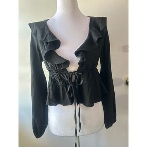 Lalavon Black‎ Ruffle Tie Front Blouse Long Sleeve Smocked Waist S Coquette Goth
